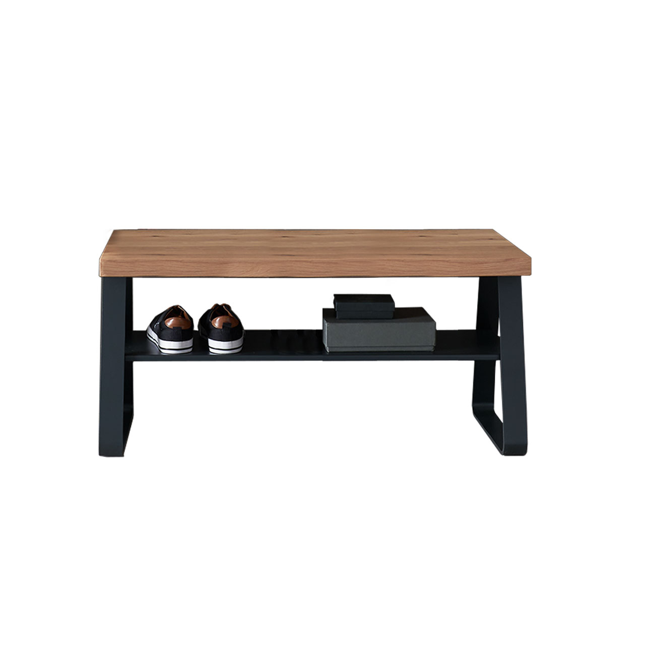 Hartmann SALVO Garderoben - Sitzbank 8550G-3071 - Kerneiche Natur und Metall Schmale Sitzbank aus massiver Kerneiche Natur mit zwei Metallkufen und Metallablageboden in Anthrazit.