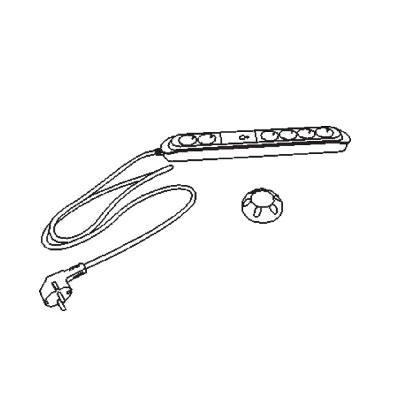 Strichzeichnung einer Steckdosenleiste mit 6 Steckdosen und einem Funkfernschalter.