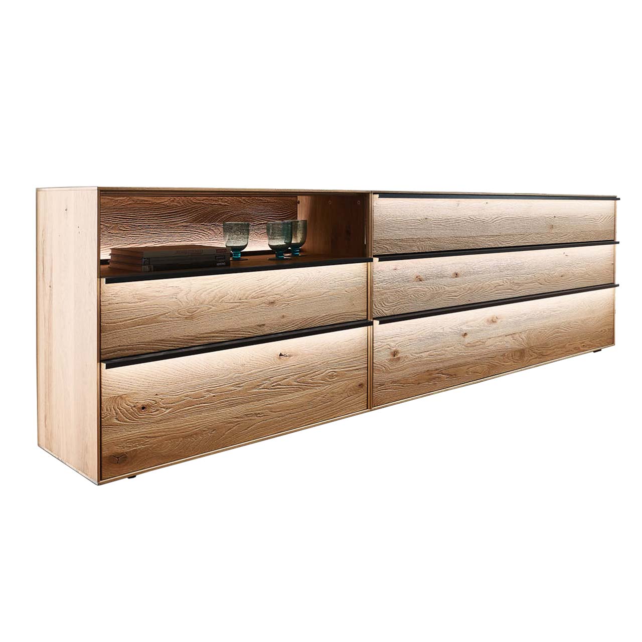 hartmann_ANEA_8530-4283.li_sideboardkombination moderne Kommode aus massiver Kerneiche mit 4 Schubkästen & Glasfront