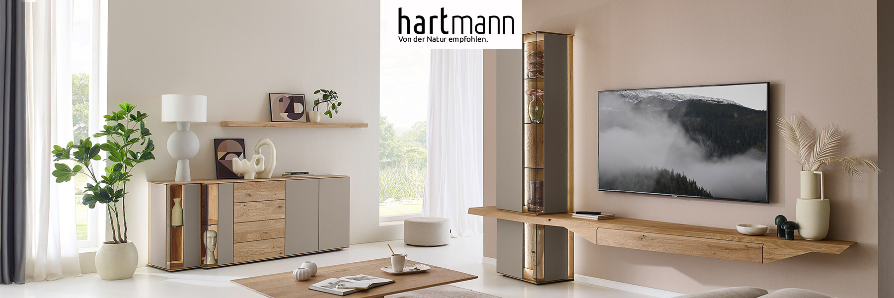 Hartmann SVEA - Massivholzmöbel aus Kerneiche Natur kombiniert mit Lack Sand und Riffholz. Ambientebild zeigt asymmetrisches Hängelowboard integriert in eine Standvitrine. Links passendes Sideboard in Holz/Lack und Glas, darüber Wandboard.