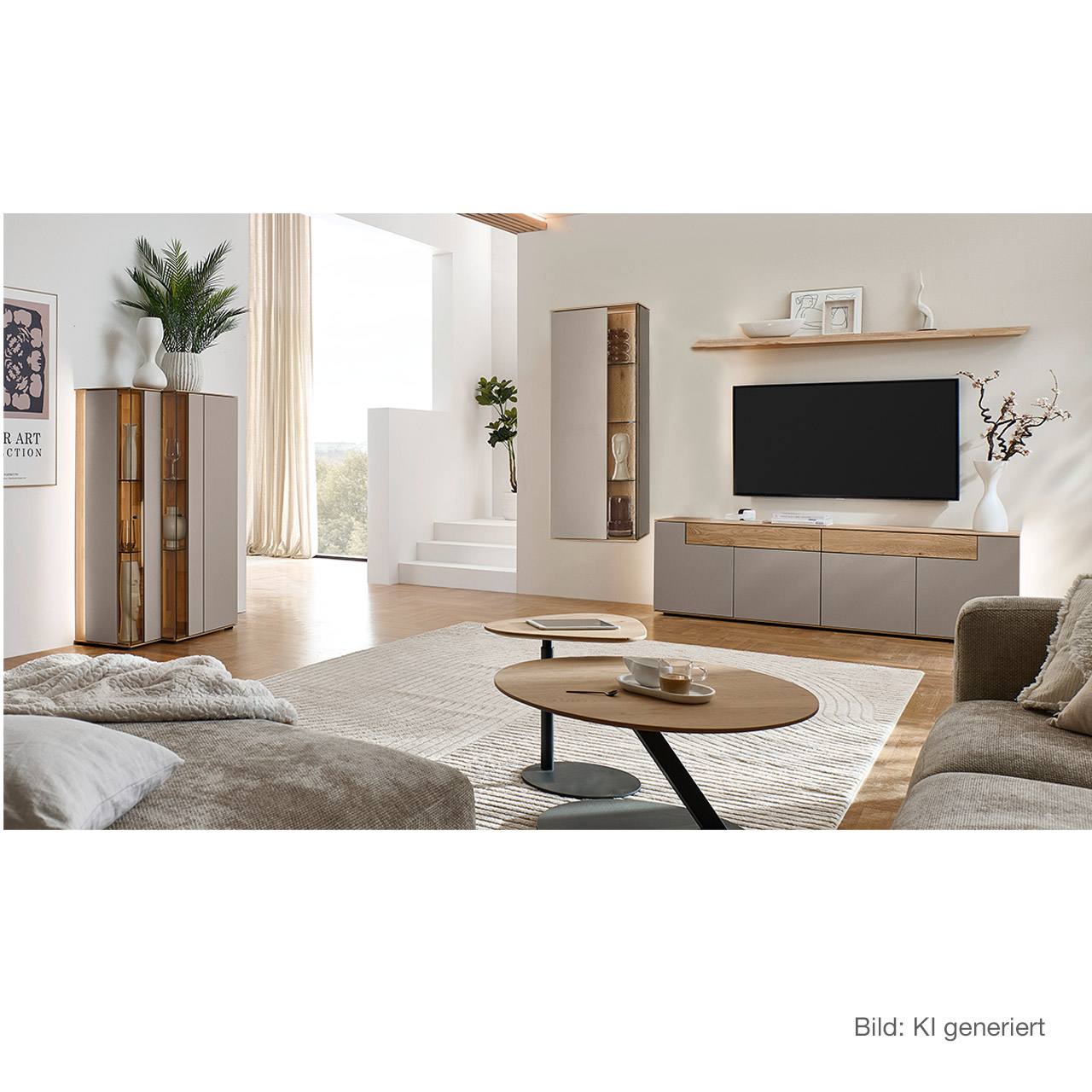 Wohnzimmer mit moderner Massivholzwohnwand bestehend aus einem Lowboard mit Schubkästen, einer Hängevitrine sowie einem Wandboard - im asymmetrischen Design. Links passendes Highboard mit Glastüren, davor Holz-Couchtisch.