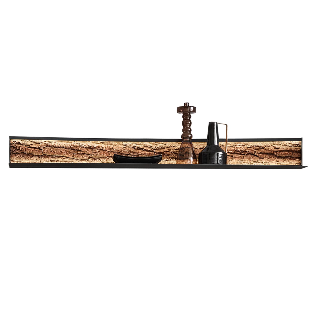 Hartmann RUNA - Wandpaneel 8410-1197 - Metall anthrazit und Baumrinde Modernes, langes Wandregal mit Metallrahmen, Ablageboden und sichtbarer Rückwand aus echter Baumrinde.