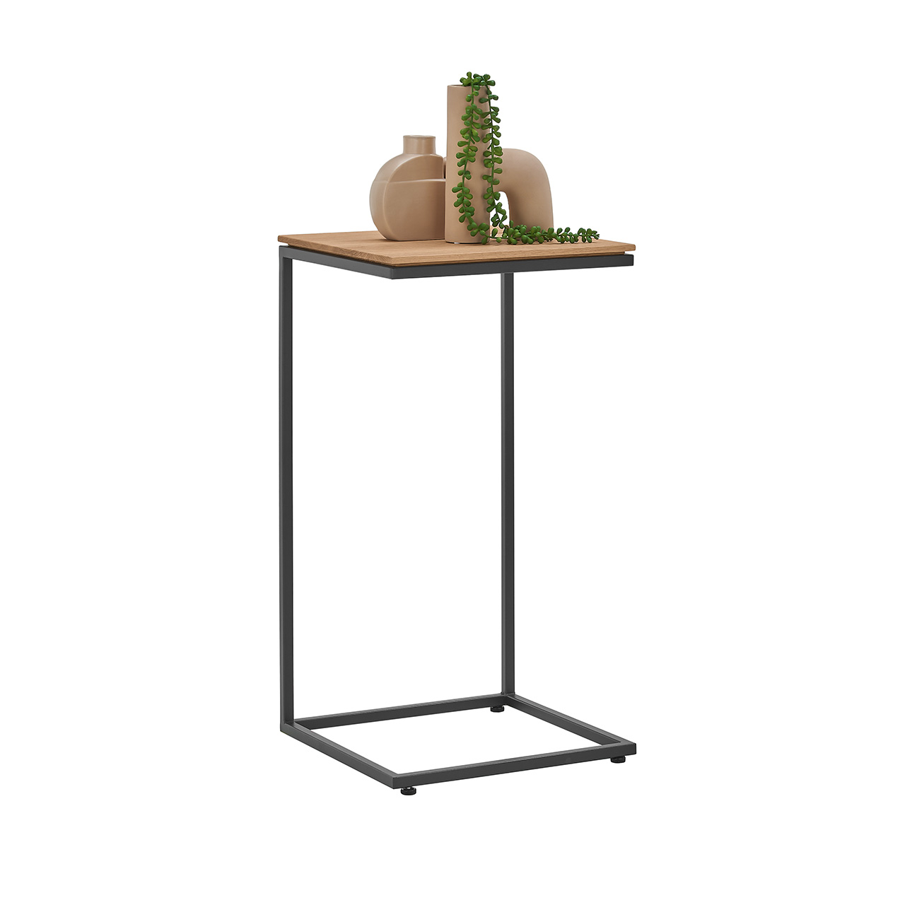 Kleiner Beistelltisch mit rechteckiger Holztischplatte und filigranem Metallgestell in Anthrazit - in Seitenansicht.