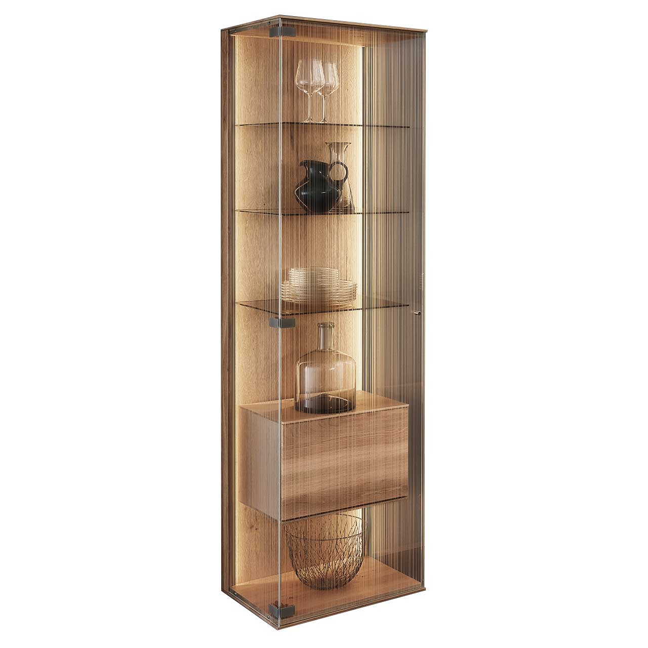 Hartmann LINEA Leonardo Living - Standvitrine 8540-0061 li. Moderne Standvitrine aus Kerneiche Natur mit dreiseitiger Glasfront aus satiniertem Glas und innenliegendem Holzkorpus mit Holzklappe.