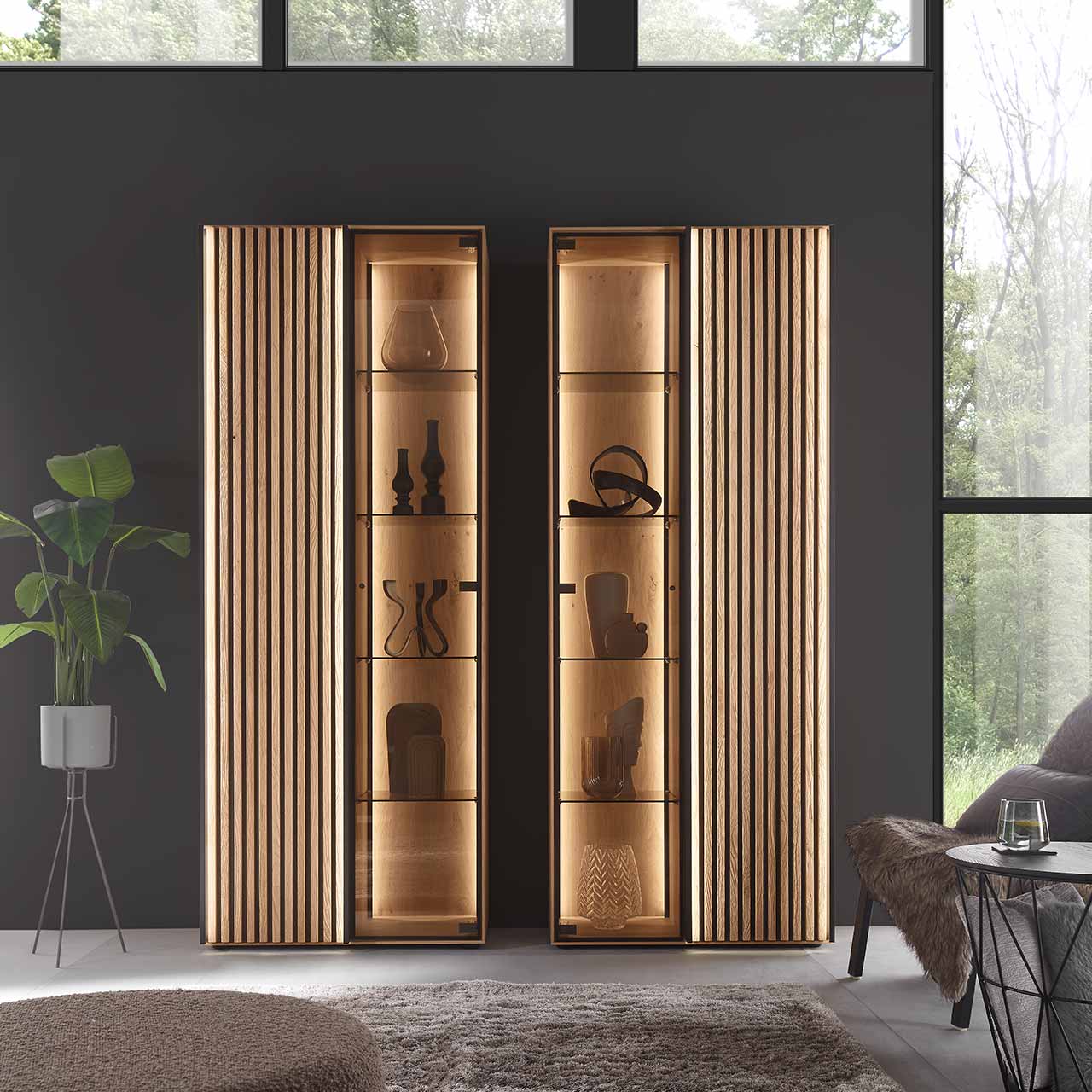 Zwei beleuchtete Standvitrinen aus massivem hellen Holz, jeweils mit einer Glastür und vier Glaseinlegeböden, sowie einer modernen Lamellenholztür - vor dunkelgrauer Wand.