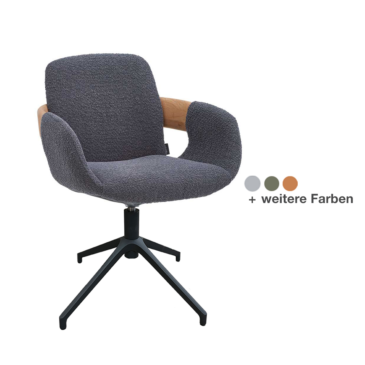 Hartmann NATURZEIT 7100E/8400E - 1761 Stuhl Emil Comfort mit Metallgestell M2 Drehbarer Esszimmerstuhl mit gepolsterter Sitzfläche und Rückenlehne in dunkelgrauem Stoff, Holzapplikation an Lehnen und Vier-Fuß-Stativgestell aus Metall anthrazit.