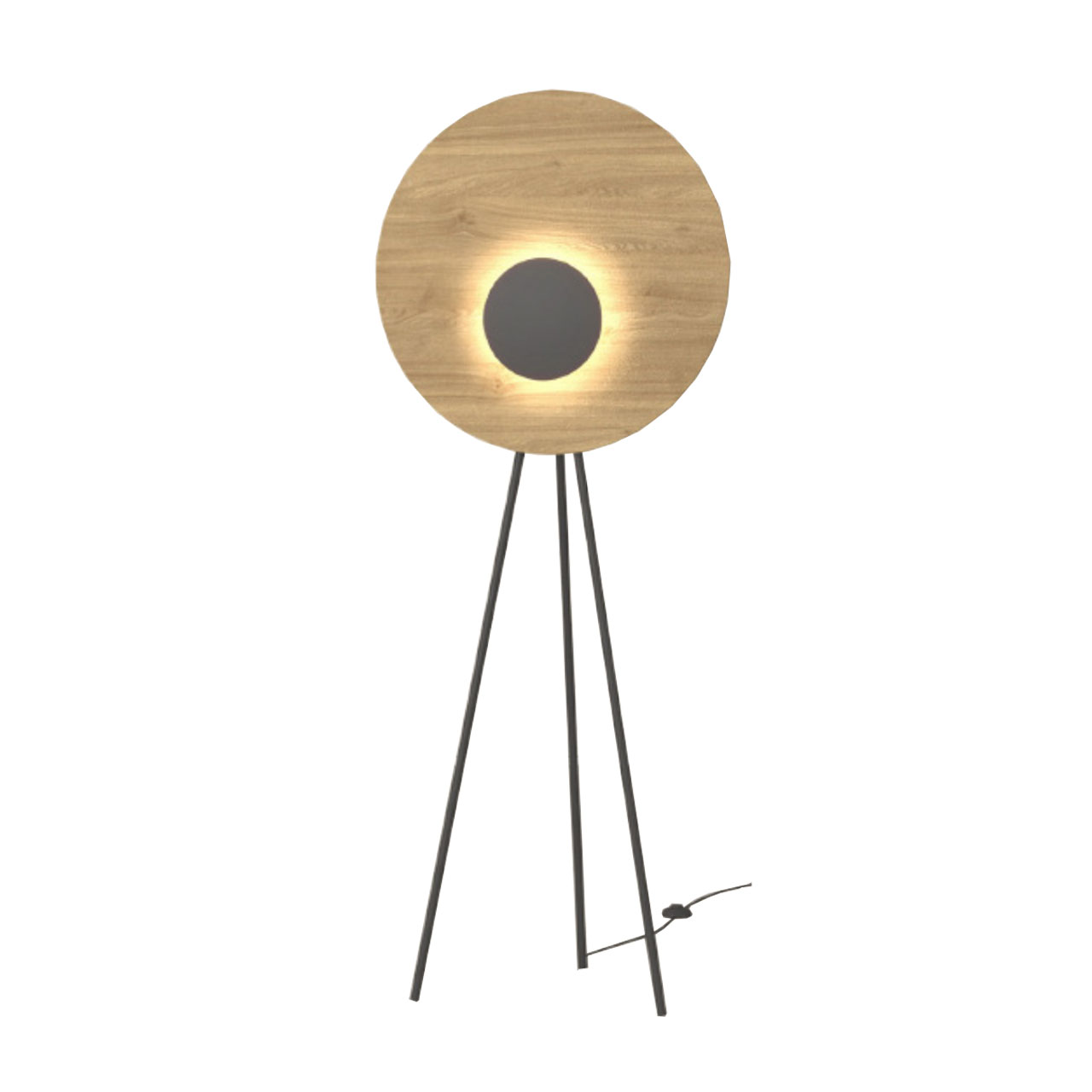 Moderne Stehleuchte bestehend aus runder Holzplatte aus Kerneiche Natur und mittigen dunklem Leuchtspot auf filigranem Stativgestell in Metall anthrazit.