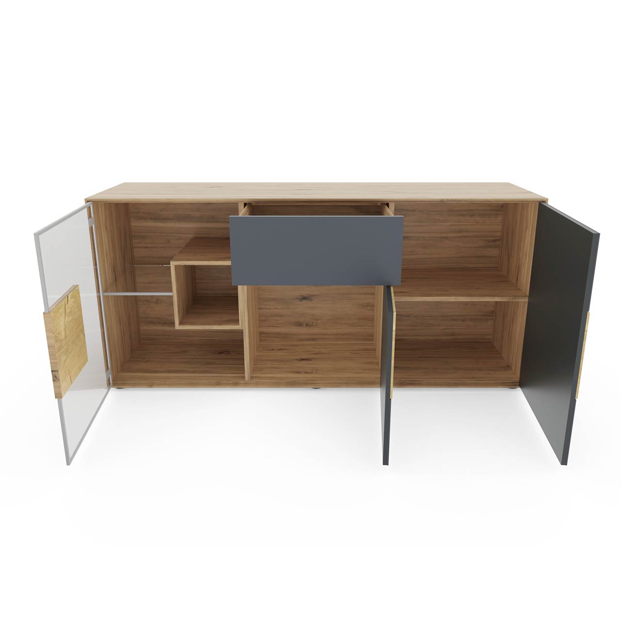 Modernes Sideboard aus massiver Kerneiche Umato mit Mattglas anthrazit  Front mit zwei offenen Türen, einer offenen Glastür und einem offenem Schubkasten.