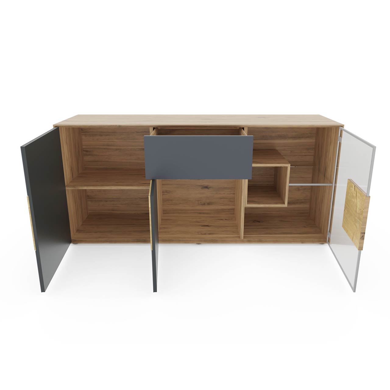 Modernes Sideboard aus massiver Kerneiche Umato mit Mattglas anthrazit  Front mit zwei offenen Türen, einer offenen Glastür und einem offenem Schubkasten.
