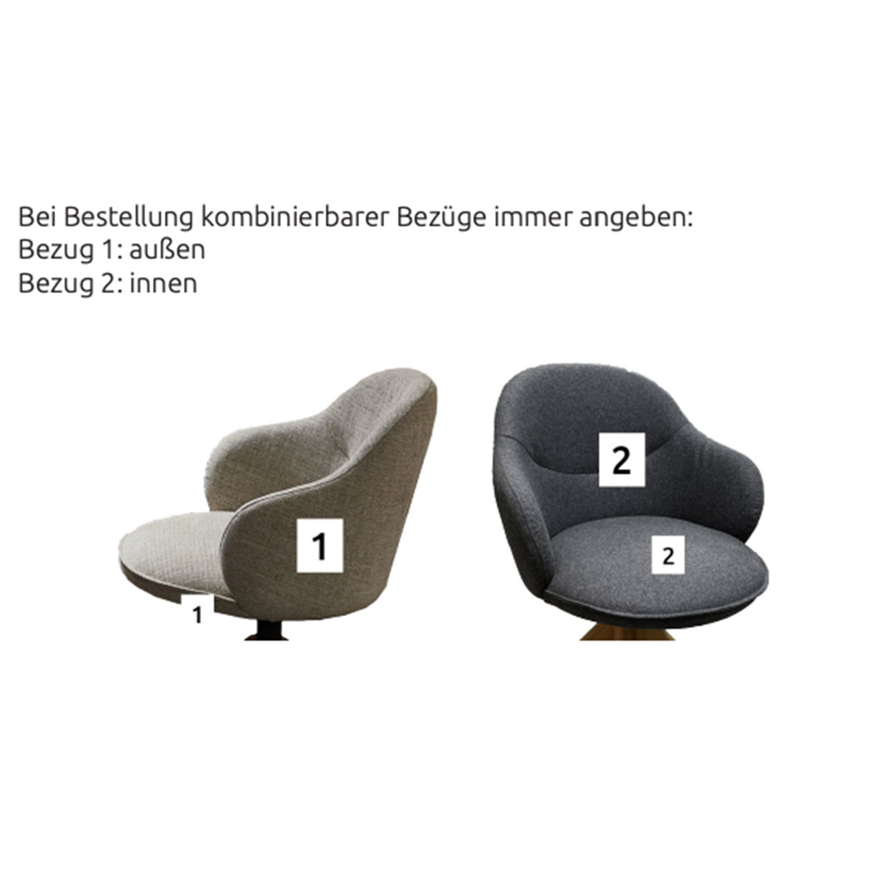 Bestellhinweis zu Bezügen bei den CAYA Stühlen Rico. Der Bezug kann variabel innen und außen kombiniert werden.