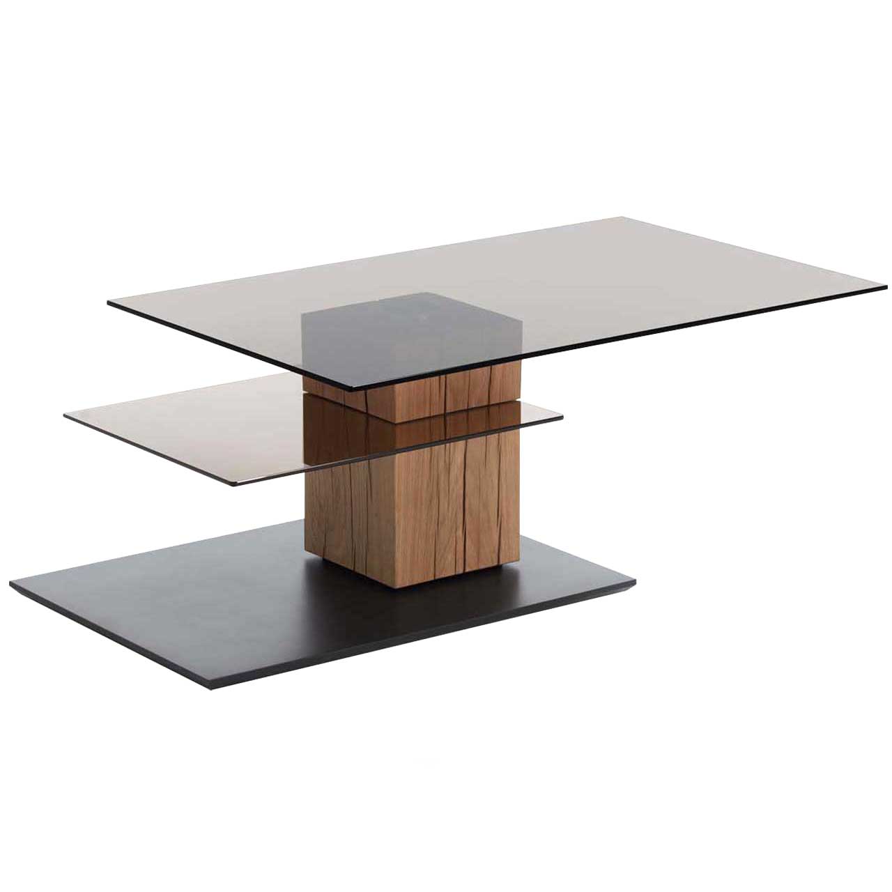 Hartmann NATURWERKE - Couchtisch 7100C-1405 Moderner Couchtisch mit rechteckiger, zur Seite gedrehter Glasplatte und zusätzlicher fester Glasablage darunter. Massive Holzsäule aus Riffholz auf dunkler Bodenplatte.