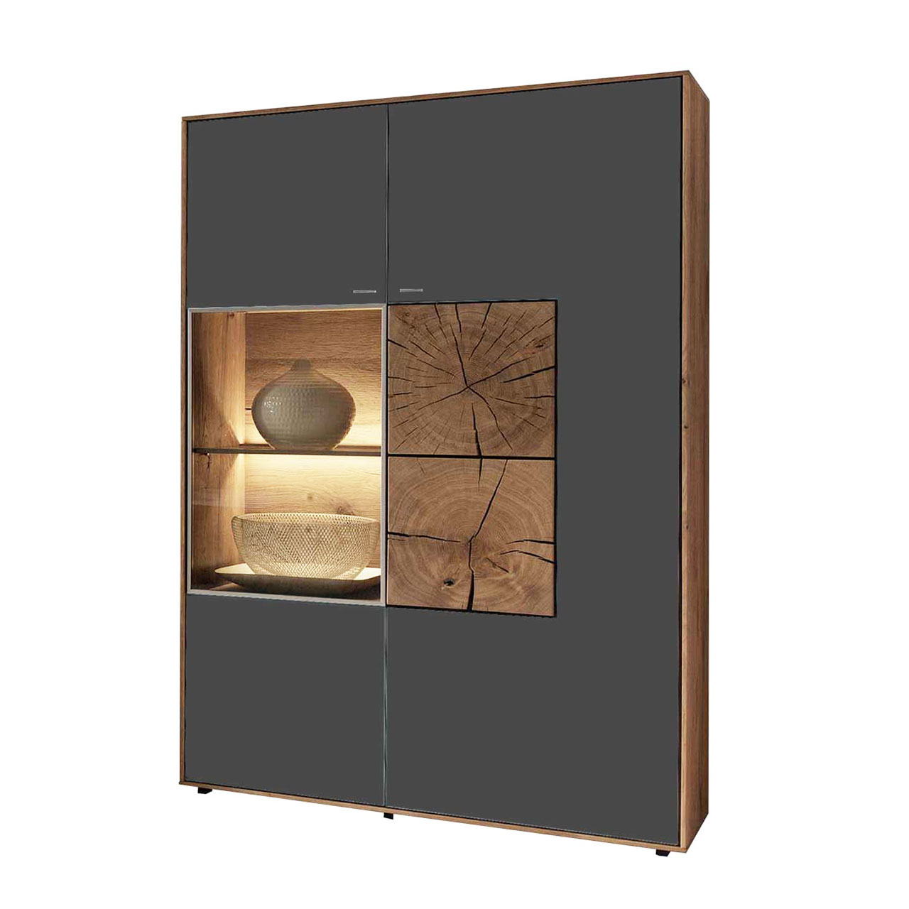 Hartmann CAYA - Standelement 7170-7094A Moderne Standvitrine aus massiver Kerneiche mit Mattglas anthrazit Front mit beleuchteter Glastür links und einer Mattglas Anthrazit Tür mit zwei rechteckigen Hirnholzscheiben rechts.
